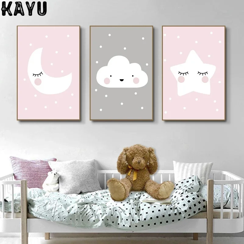 

Pink Moon Cloud Star Nursery Child Poster Cute Art Decorative Print Wall Painting Decoration Picture Nordic Kid Baby Room Decor
