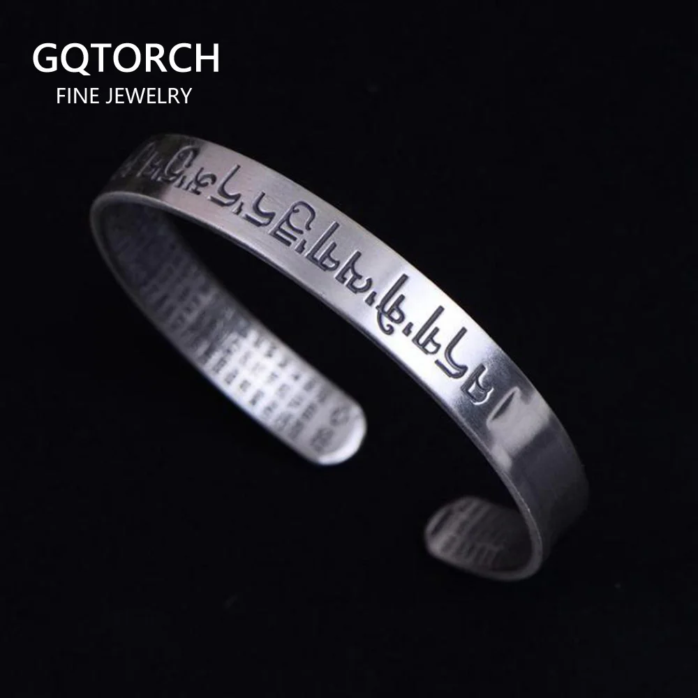 

Sanskrit Six Words Bangles For Women And Men 999 Pure Silver Opening Cuff Bracelet Lovers Om Mani Padme Hum Buddhism Jewelry