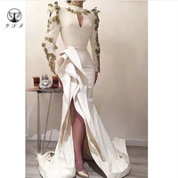 new arrival ivory high collar long sleeve beaded heavily feather high slit mermaid prom dresses