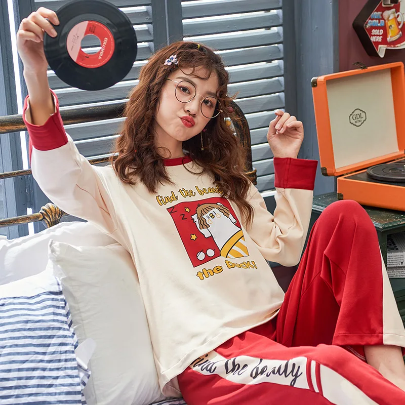 

Winter Big Size Women Home wear Lounge Clothes Long Sleeve Pajamas Sets Cotton Cartoon Sleepwear girls Homewear Housewear