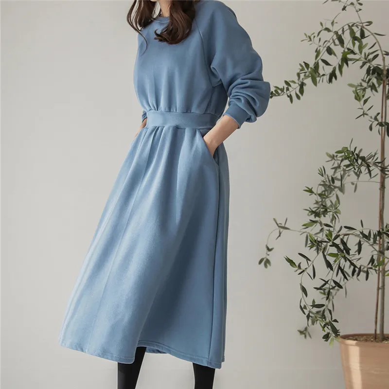 

M-XL Keep Warm Velvet Sweatshirts Dress Women Winter 2020 High Waist Long Sleeve Loose Casual Dress Female Solid Thick Vestidos