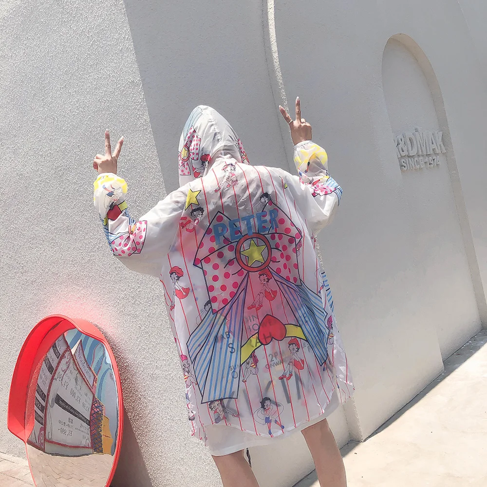 2020 Летняя мода мультфильм печати свободные с капюшоном тонкие пальто женские