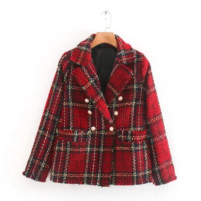 

Women Autumn Winter Red Plaid Tweed Vintage Blazer Jacket Female Turn Down Collar Double Breasted Sweet Girl Fashion Top Casaco