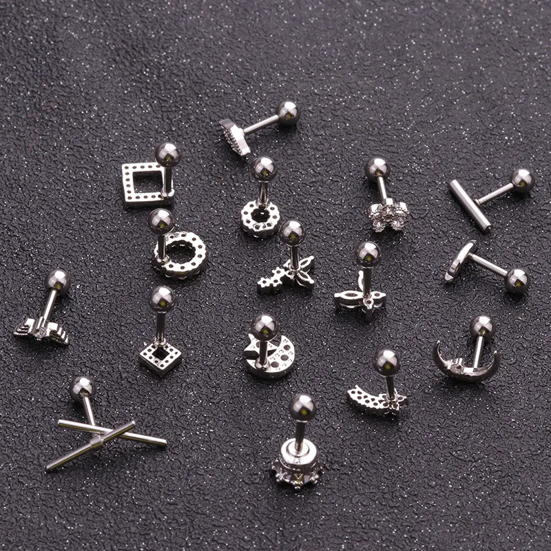 1pcs Body Jewelry Butterfly Round Square Moon Ear Studs Stainless Steel Barbell Zircon Tragus Cartilage Piercing Earring | Украшения и