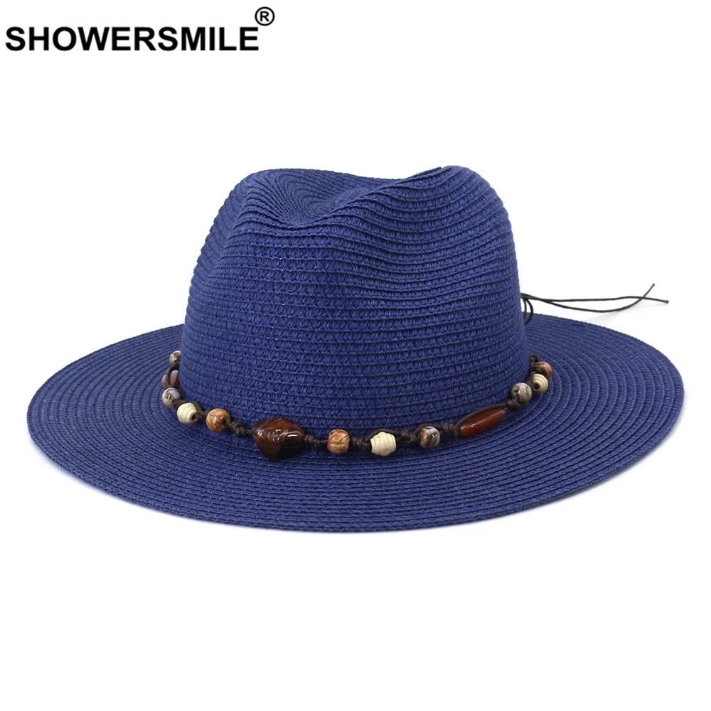 

SHOWERSMILE Navy Straw Hat Men Womens Sun Hat British Style Jazz Fedora Sombrero Gray Panama 2021 New Summer Hat Ladies Chapeau