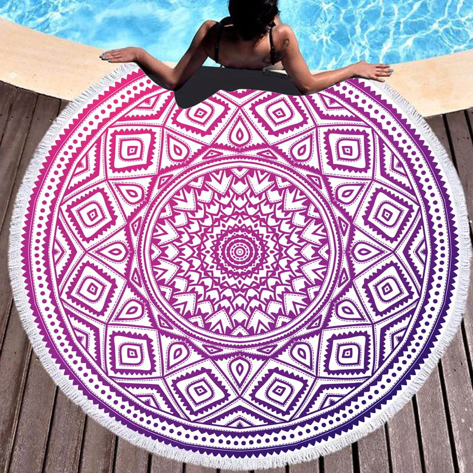 Богемное мандала круглое пляжное полотенце с бахромой микрофибра розовое в