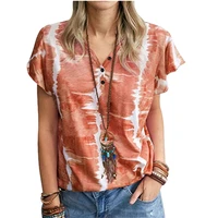 s 5xl oversize womens 2021 summer fashion new womens button v neck womens top tie bye printed short sleeve loose t shirt