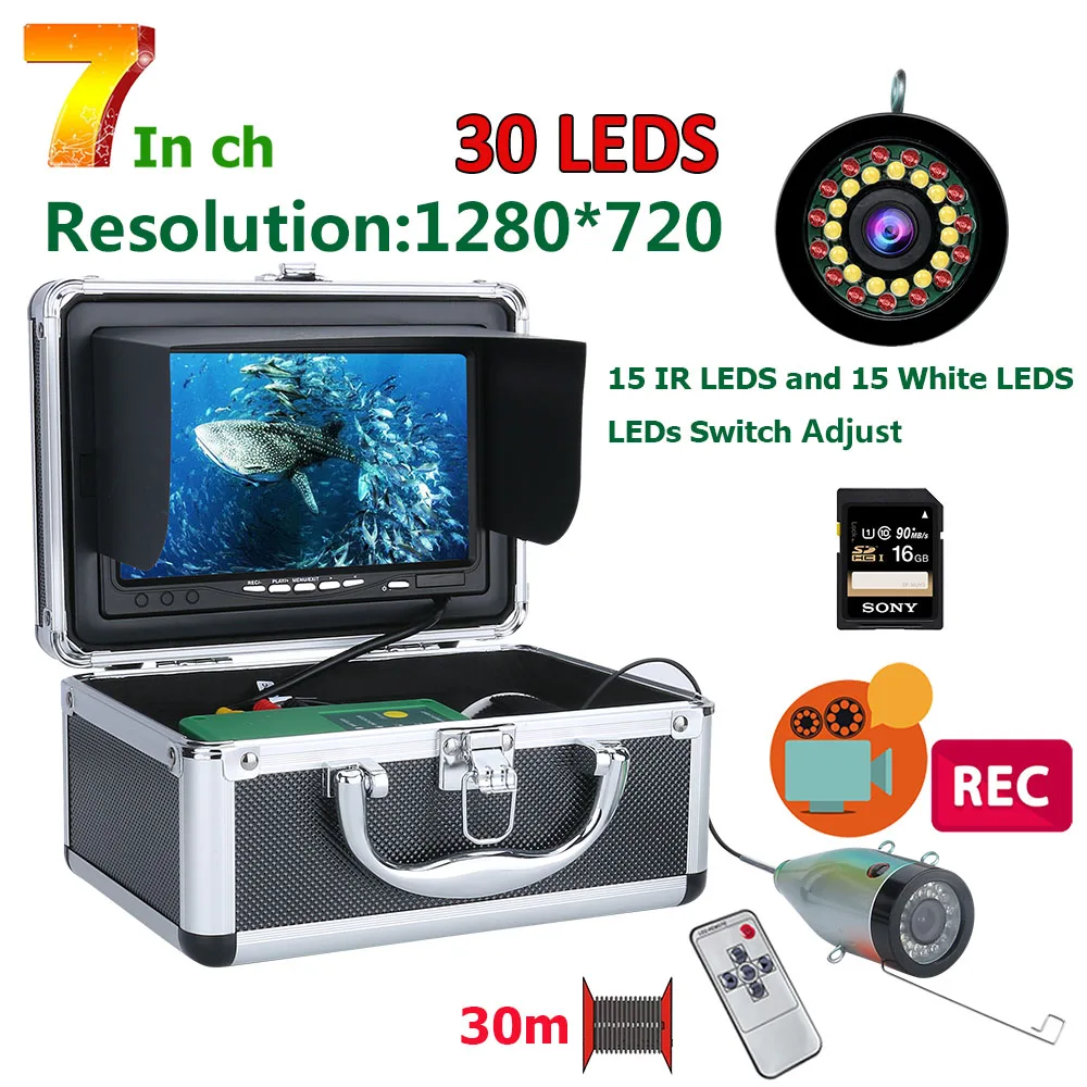 

DVR Fish Finder Underwater Fishing Camera HD 1280*720 Screen 30pcs LED 1080P Camera for Ice/River/ Fishing 16GB Card