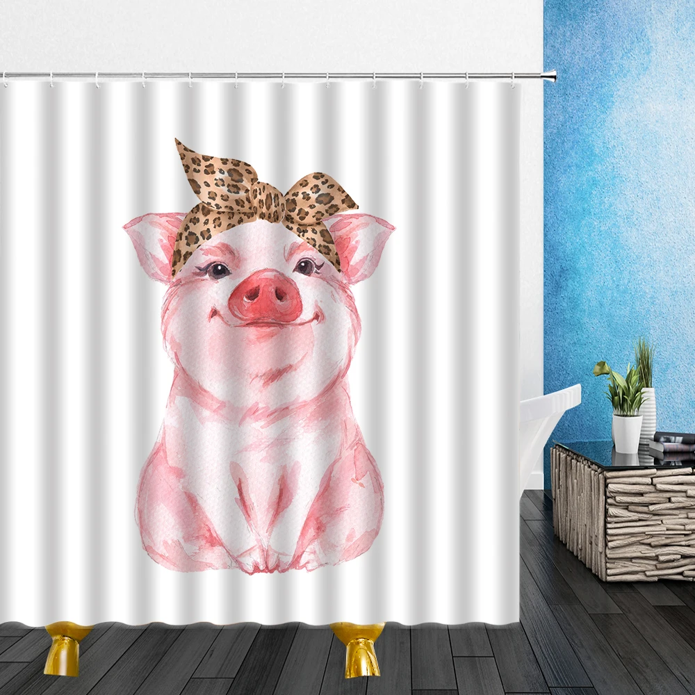 

Lovely Animal Shower Curtains Pink Bow Cartoons Pig 3D Print Pattern Mildew Proof Waterproof Cloth Bathroom Decor Curtain Set