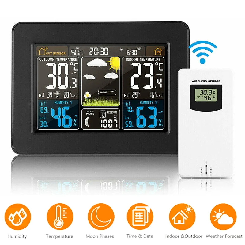 

New Wireless Thermometer Hygrometer Weather Forecast Station Barometer Indoor Outdoor Temp Measuring Sensor Digital Alarm Clock
