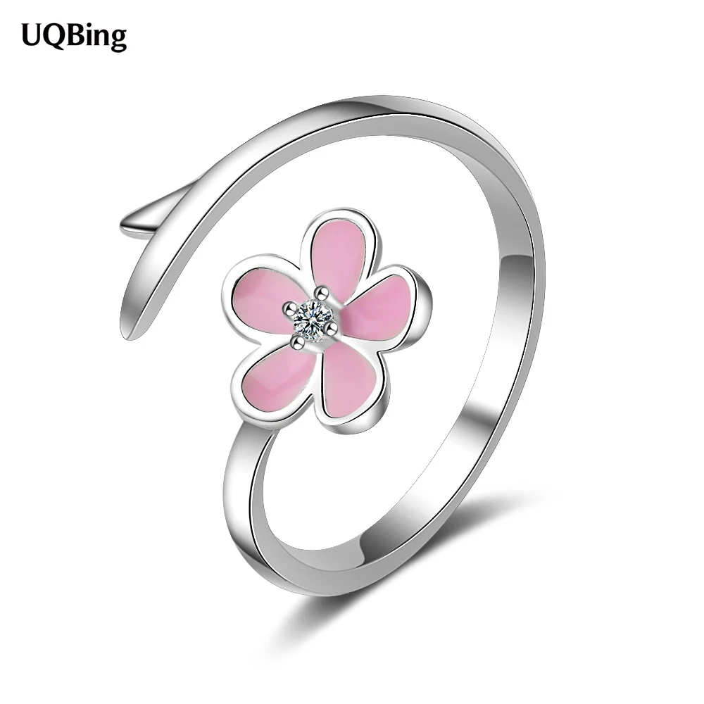

Fashion New Adjustable Pink Enamel Zircon Flower Rings For Women 925 Sterling Silver Jewelry