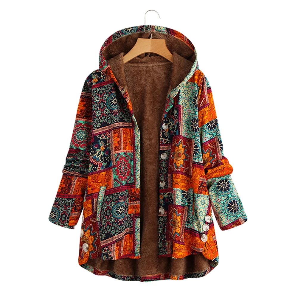 

Women Parkas Coat Winter Plus Velvet Printed Hooded Coat Loose Top Long Sleeve Button Coat Female Casual Top Women Parkas