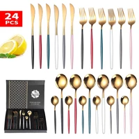 24pcs gold dinnerware set stainless steel tableware set knife fork spoon luxury cutlery flatware dishwasher safe set gift box