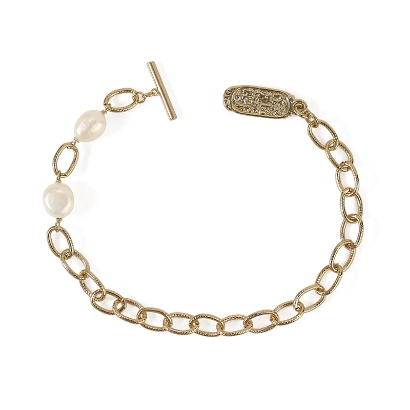 

Gold Color Cuban Link Chain Bracelets for Women Natural Freshwater Pearl Bracelet for Girls 19cm