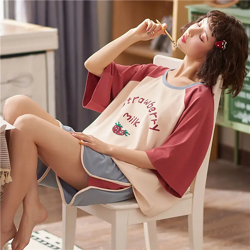 Pajamas Female Summer Cotton Short-sleeved Shorts Summer Korean Version of The Student Thin Section Cute Fresh Home Wear TwoSets