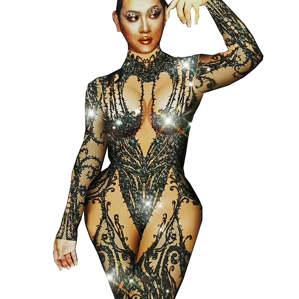 

Personality Performance Costume Ladies Rhinestones Shining Jumpsuit Black Bramble Pattern Printing Leotard Nightclub Wear