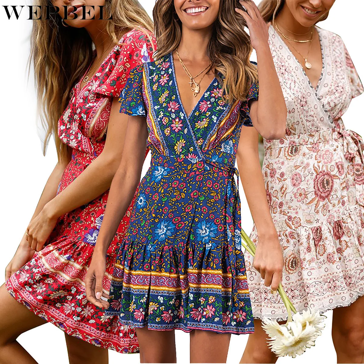 

WEPBEL Summer Sexy Printed Beach Holiday Dress Women's Casual Short Sleeve V-neck High Waist Slim Dress