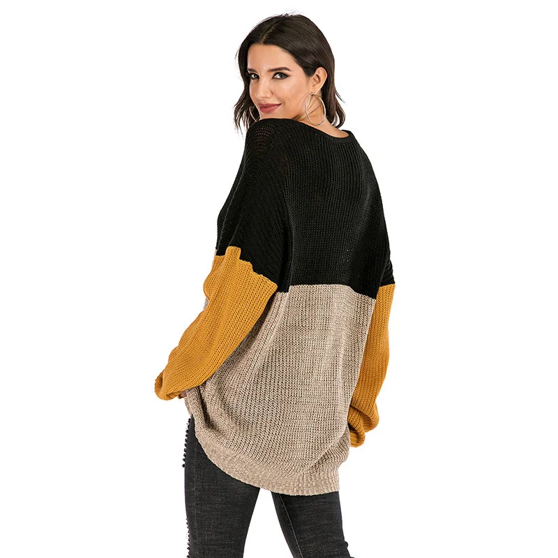 

Woman Large Size Sweater Loose Spring Fall Clothes for Ladies Color Block Knitted O Neck Long Pullover Jumper Oversized Knitwear