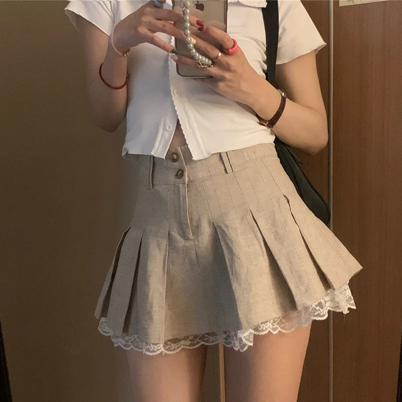 

Egirl aesthetic skirt grunge fairy Emo cloth New sweet lace stitching khaki small pleated skirt for women cute skirt dollskill