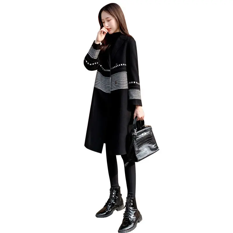 

Black Woolen Coat Women Autumn Winter New Wool Jacket Women Loose lattice Wool Overcoat Female Windbreaker Coat