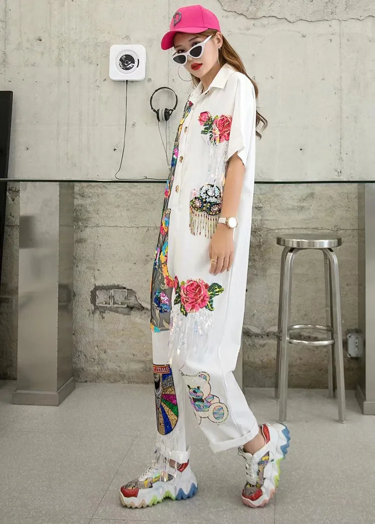 

Vefadisa White Sequin Floral Women Jumpsuits 2021 Summer Patchwork Female Jumpsuits High Waist Tassel Straight Jumpsuits QYF5663