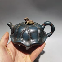 6chinese yixing zisha pottery hand carved frog lotus leaf lotus pot kettle republic of china green clay teapot pot tea maker