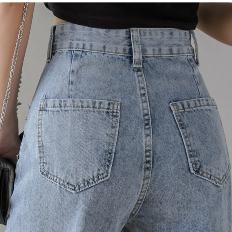

#2285 Wide Leg Jeans Women Loose Pockets Straight Jeans Ladies Full Length Casual Blue High Waisted Boyfriend Jeans For Women