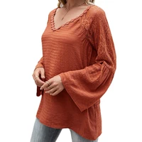 womens solid color stitching lace hollow v neck long sleeved top women