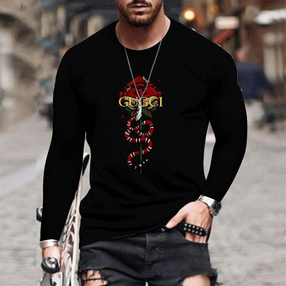 

2021 Summer Men's 3D GU Rose Print Fashion Sweater Round Neck Long Sleeve Striped Casual T-Shirt Male Long Sleeve