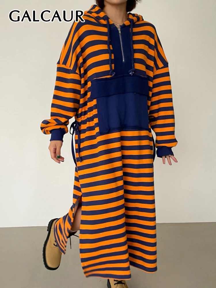 

GALCAUR Casual Striped Dress For Women Hooded Collar Loose Long Sleeve Mid A Line Dresses Female 2021 Autumn Fashion Clothes New