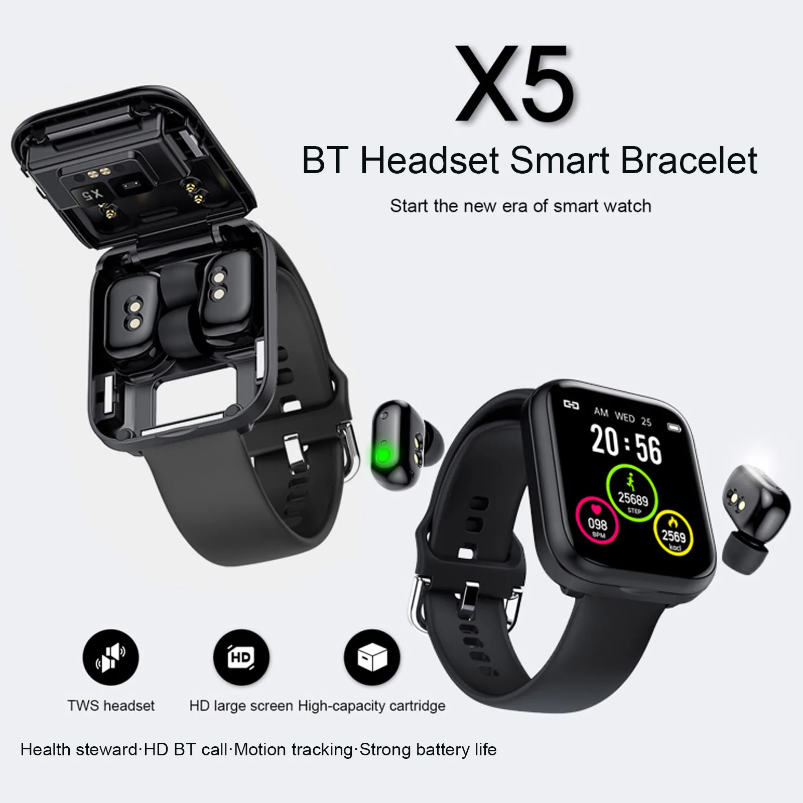 

X5 2 in 1 Smart Bracelet IP67 Waterproof Heart Rate/Blood Pressure Monitor Message Smart Band with Bluetooth 5.0 Wireless Earbud