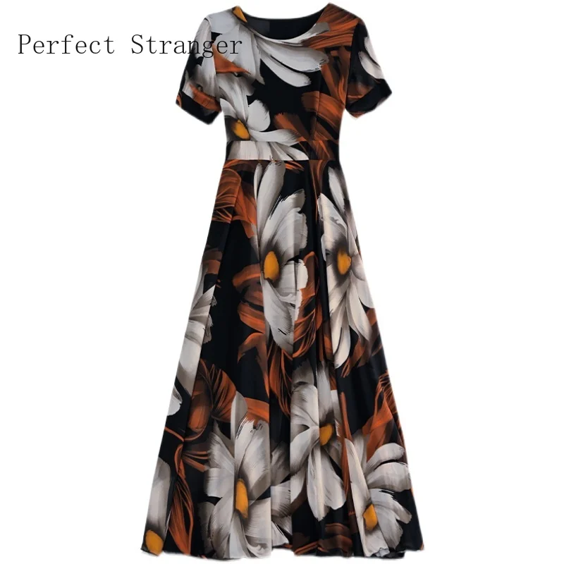 

Summer Dress For Women 2021 New Arrival Round Collar Flower Printed Short Sleeve Clothing Women Chiffon Long Dress Plus Size