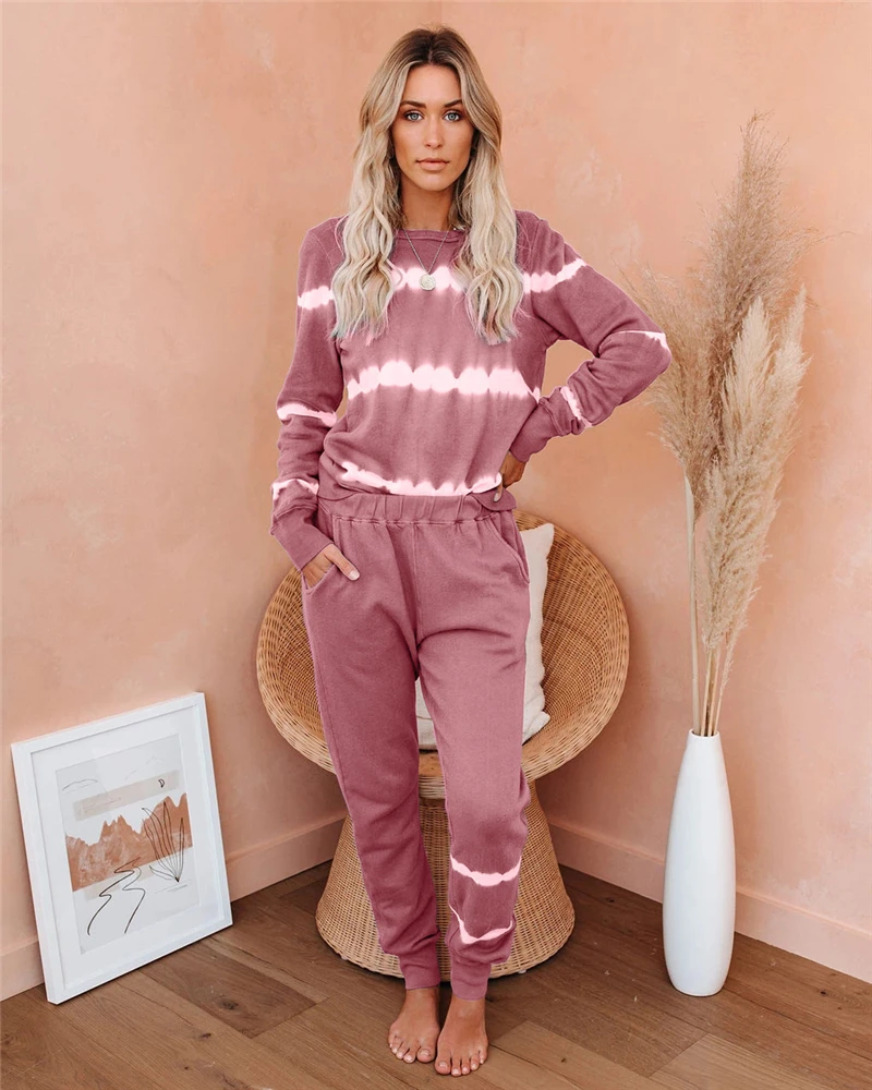 

Tie Dye Tracksuit Women Two Piece Set Spring Autumn Clothes Striped Pullover Top and Pants Sweat Suits Female Casual Lounge Wear