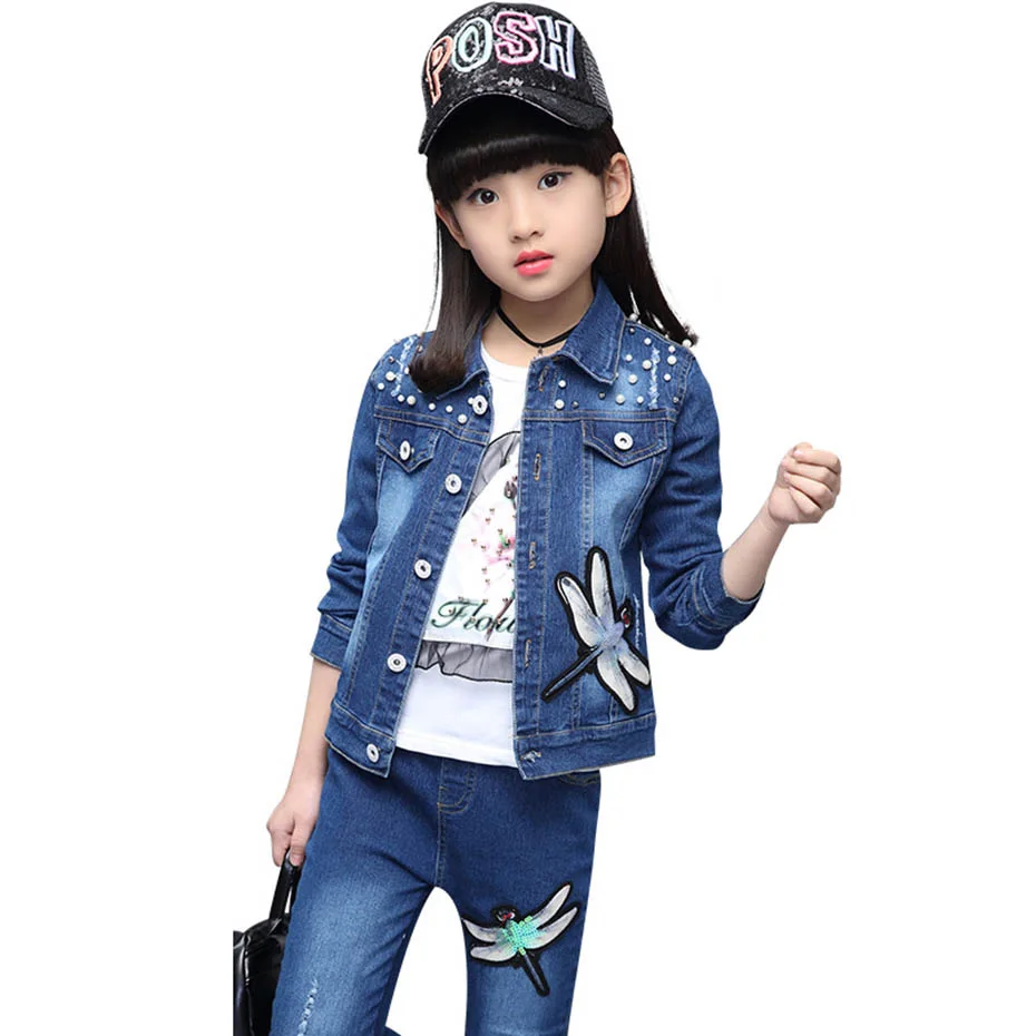 3 шт. джинсовая куртка + джинсы футболка для девочек|Комплекты одежды девочек| |