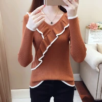 womens knitted sweater patchwork ruffles fashion basic knitwear female long sleeve v neck slim casual spring new pullover femme