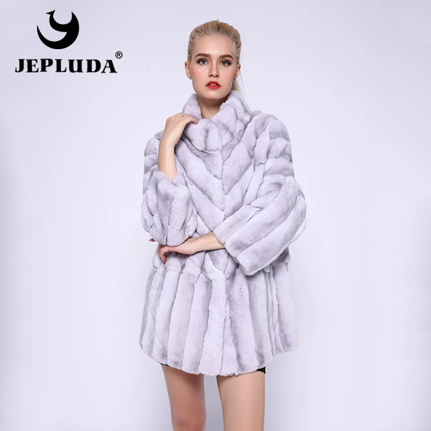 JEPLUDA Стиль Шуба Натуральный Мех Кролик Рекс с Стоячим Воротником Наклонный Дизайн Пастельные Цвета Легкий Мягкий Пальто Женское Меховое Зимнее Куртка Женская Зимняя Из Мех Шуба Кролик Рекс Для Женщин