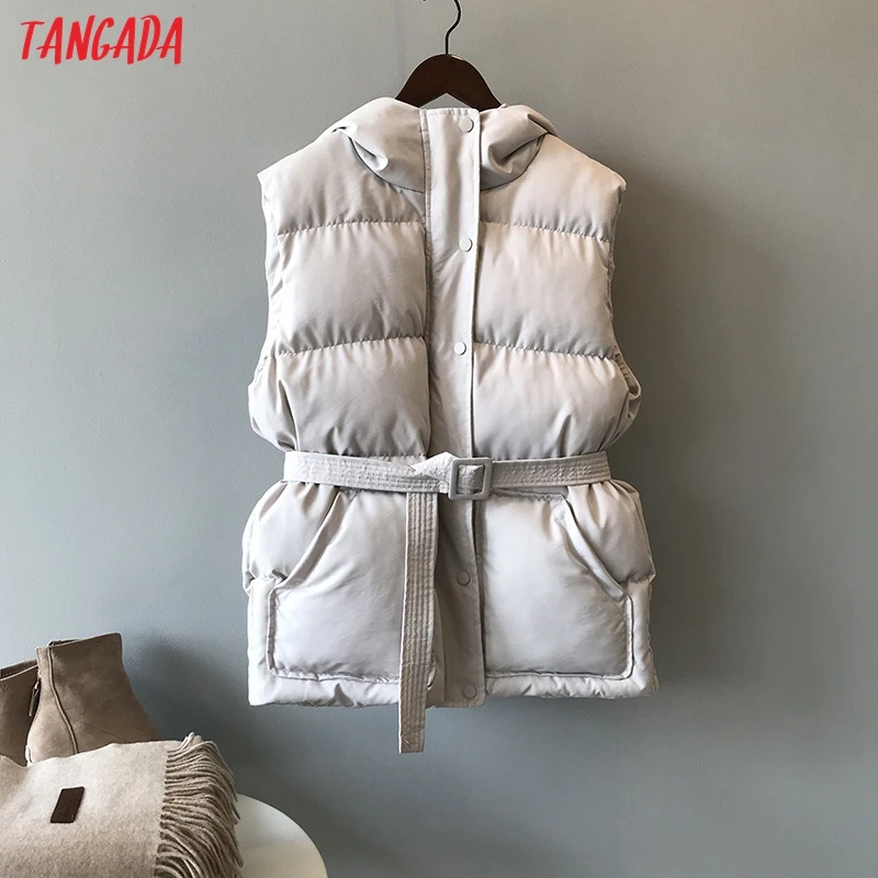 Tangada, Женские однотонные парки без рукавов с поясом, с капюшоном, на молнии,, зимнее женское теплое длинное пальто, корейская модная куртка ASF01
