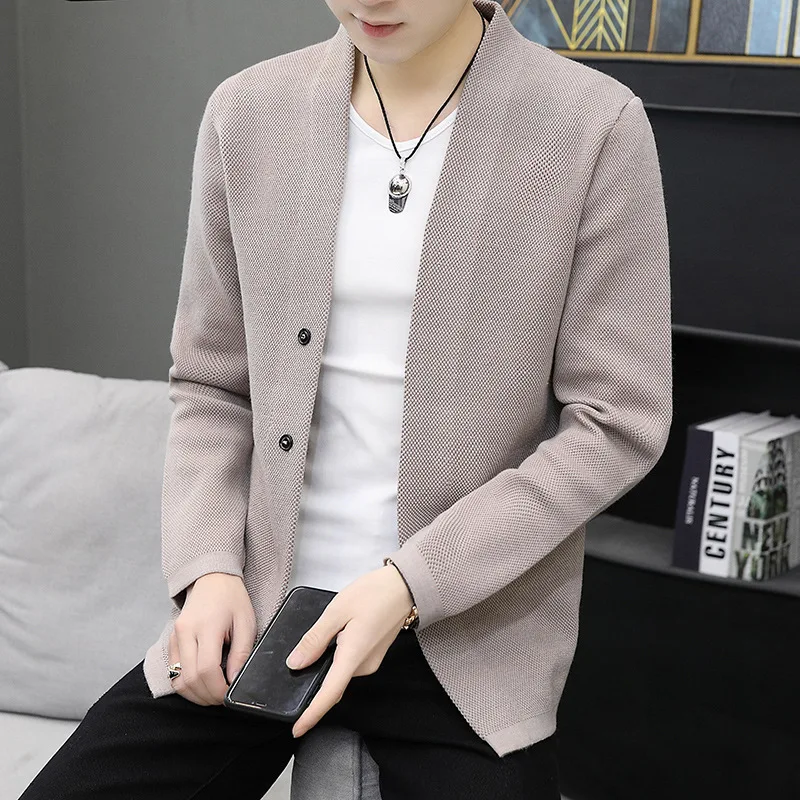 

2021 Spring and Autumn Men's Cardigan Sweater British Style Slim Fit Simple Plain Color Outerwear Sweater