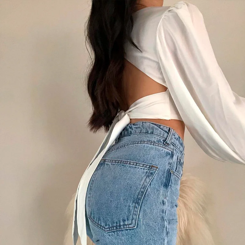 Женская Сексуальная Блузка с открытой спиной длинным рукавом-фонариком