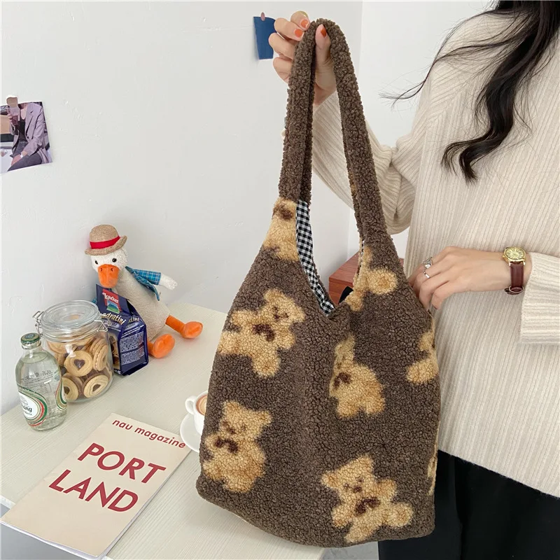 

Women's Kawaii Lamb Fabric Shoulder Bag Handbag Tote Large Capacity Embroidery Shopper Bags Cute Bag For Girls New Design 2021
