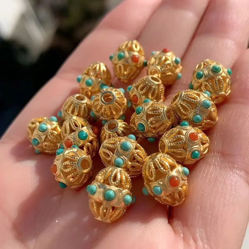 

2PCS Fine S925 silver plated 24K ancient gold hollow beads, turquoise beads accessories, for diy bracelets, necklaces, jewelry