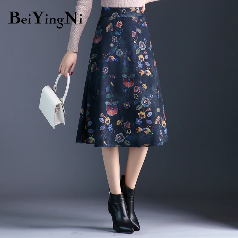Beiyingni High Waist Skirt Women Plus Size Retro Korean Floral Print Midi Skirts New Arrival S-3XL Elegant Saias Autumn Winter