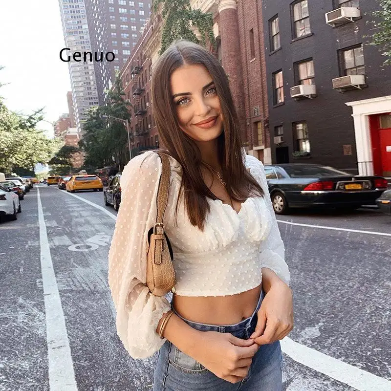 

Autumn French Romance Deep V-Neck Ruffle Crop Top Women Shirt Elegant Office Lady White Loose Slim Lace Shirt Mujer