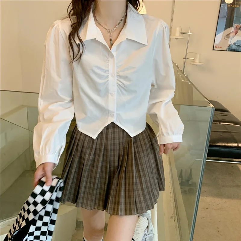 

Женская рубашка-поло с воротником-поло, белая короткая рубашка для улицы, в иностранном стиле, для осени, 2021