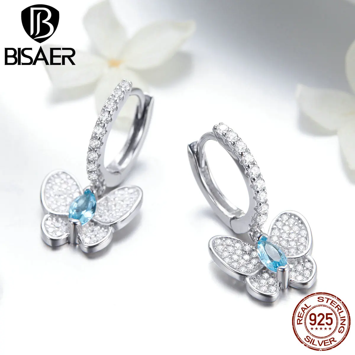BISAER 925 пробы, серебряные серьги-гвоздики с кристаллами в виде бабочки для женщин, модные серьги с прозрачным кубическим цирконием, ювелирные изделия ECE513