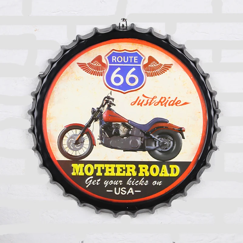 

Metal Round Plate Decor Hanging Crafts Beer Cap Tin Sign Bar Garage Motorcycle Club Wall Plaques Decor Retro Route 66 Motor Sign
