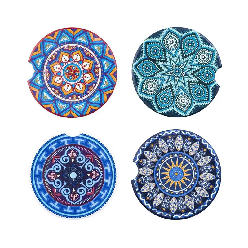 

4pcs Mandala Pattern Coasters Round Drinks Absorbent Coaster Set with A Finger Notch Placemats Round Tea Pad Table Pad Holder