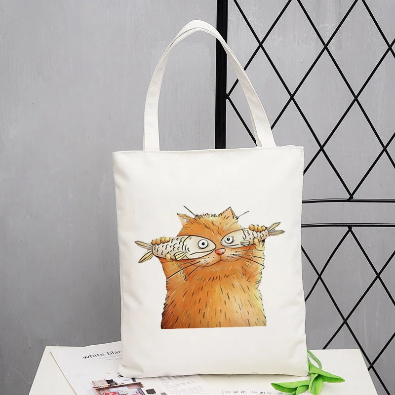 

Сумка-шоппер женская с кошкой, белый экологически чистый саквояж для учебников, многоразовый Вместительный Мешок на плечо для покупок