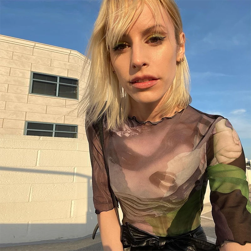 

IAMSURE Printed Ruffles Mesh T Shirt Women Sexy Slim See Through Half Sleeve O-Neck Tops Basic Tees 2021 Causal Y2K Aesthetic