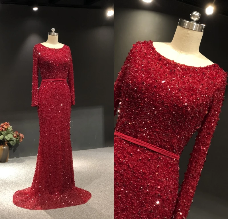 

Vestidos de fiesta 2021 реальные фотографии красные тяжелые бусины с длинными рукавами в пол для официальной вечеринки выпускного вечера танцевальны...